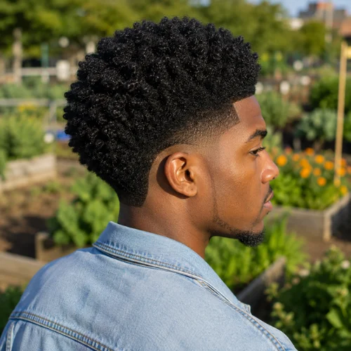 Burst fade afro haircut with dense natural curls, clean curved fade, and defined neckline