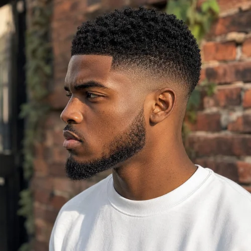 Black man with a sharp burst fade haircut
