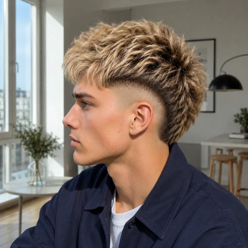 Blonde burst fade haircut with textured golden-blonde hair and natural darker roots