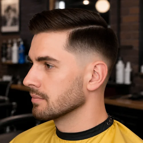 Burst fade comb over with neatly styled side-parted hair