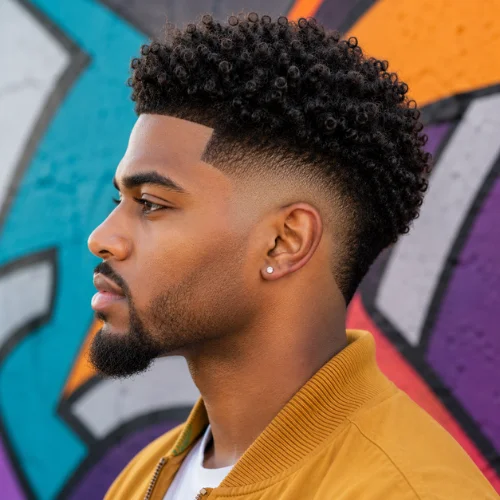 burst fade with tight curly hair and defined line-up