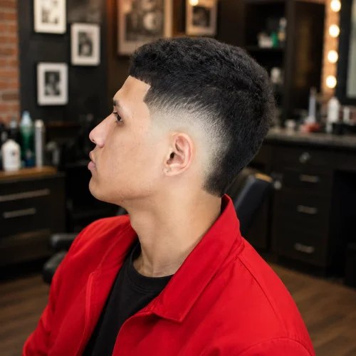 Burst fade French crop haircut with textured top, straight fringe, and clean curved fade around the ears