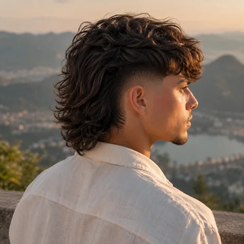 Long textured burst fade with layered wavy hair