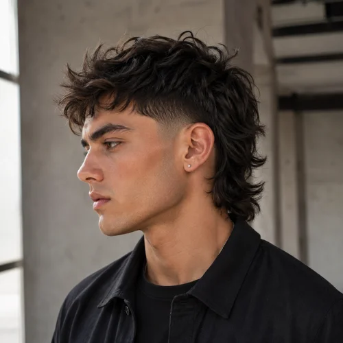 Young man with a burst fade mullet haircut in a modern industrial setting