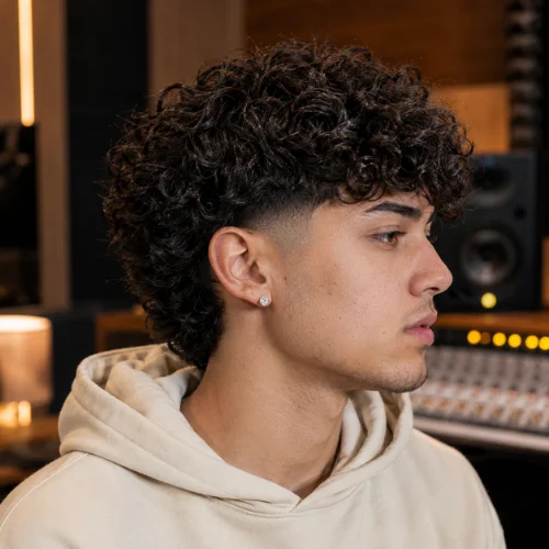 Burst fade perm haircut with defined curly volume and clean curved fade around the ears
