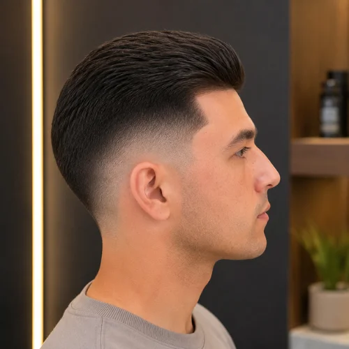 Slicked-back burst fade with a clean tapered finish