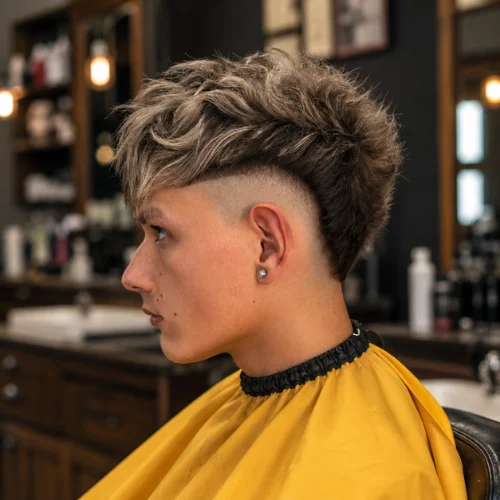 Burst fade taper faux hawk haircut with textured hair and tapered sides