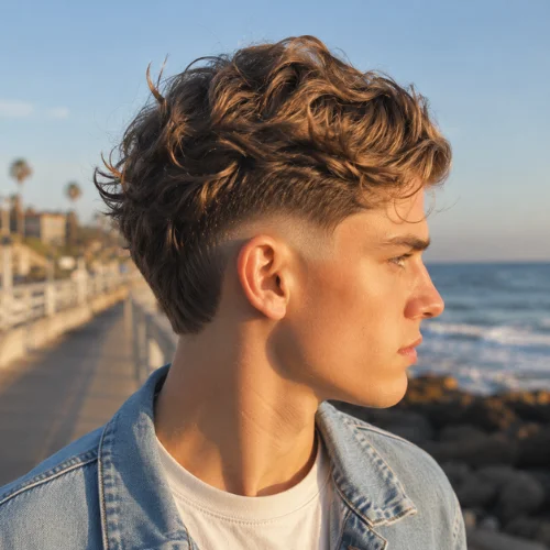 Wavy hair burst fade with textured layers