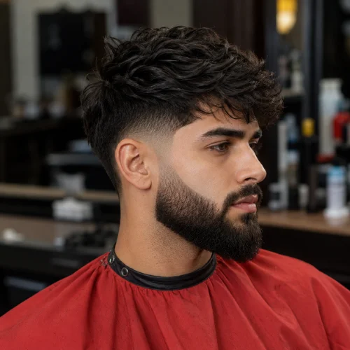 Burst fade with long full beard and textured dark hair