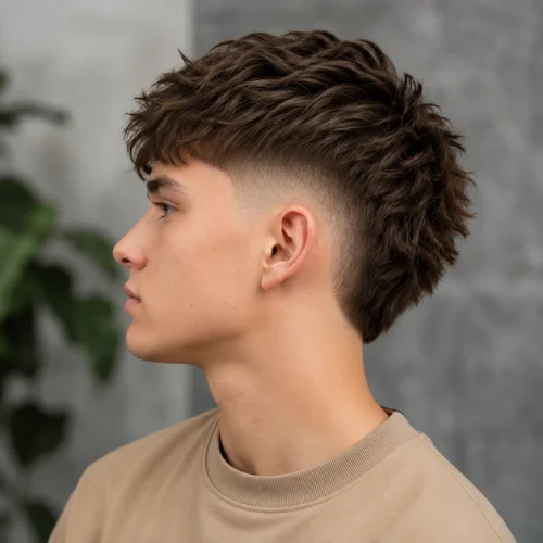 Burst fade with textured fringe and layered hair