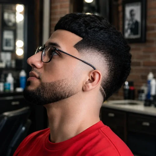 Crew cut burst fade haircut with textured short hair, clean burst fade, sharp lineup, and groomed beard
