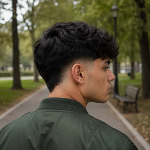 Drop burst fade haircut with thick textured dark hair and a clean low fade around the ears