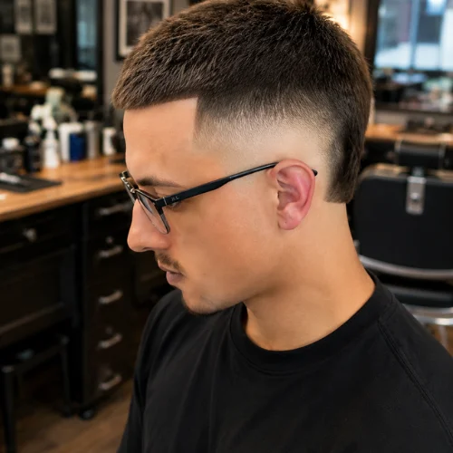Low burst fade buzz cut with short textured hair and clean tapered sides