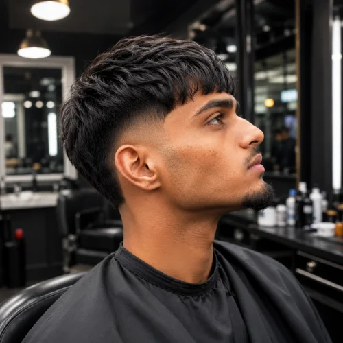 low taper fade haircut in a modern barbershop