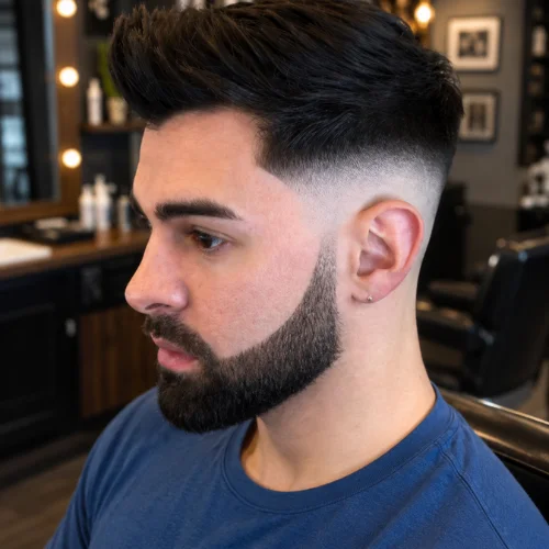 Quiff fade haircut with textured dark hair, high fade, and full groomed beard