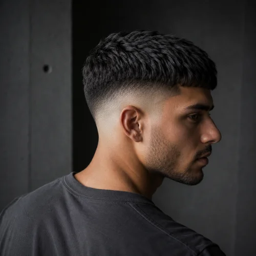 Skin burst fade haircut with short textured black hair and a clean tapered finish