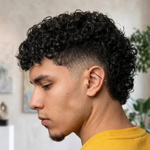 Man with a burst fade curly hair mullet haircut