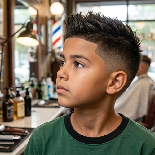 Young boy with a Burst Fade Mullet haircut for kids