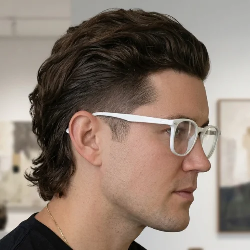 Man wearing glasses with a Burst Fade Mullet, Long Hair haircut