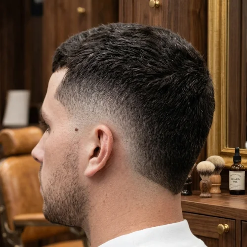 Back side profile of a short burst fade mullet with a clean V-cut neckline