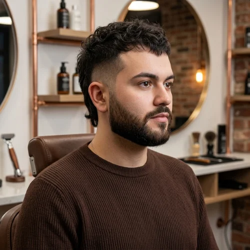 Burst Fade Mullet for Thick Hair haircut with full beard