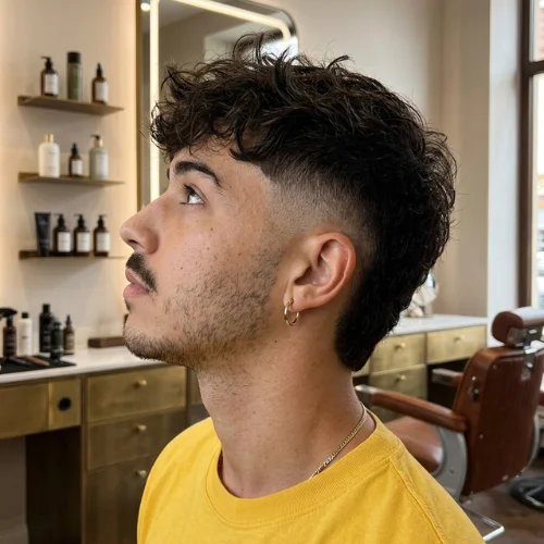 Man with a textured burst taper mullet haircut in side profile view