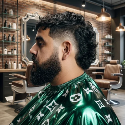 Disconnected Burst Fade Mullet haircut with full beard