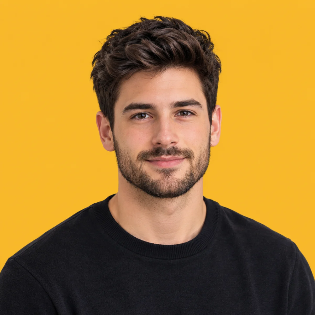 Joseph J. Dennis, burst fade hairstyle writer, professional headshot with a solid mustard background