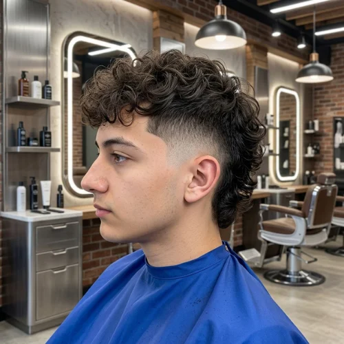 Messy Burst Fade Mullet haircut with curly top