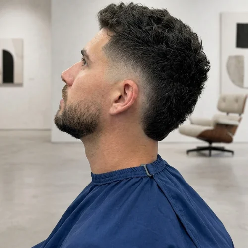 Man with a short burst fade mullet hairstyle