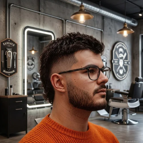 Textured Burst Fade Mullet haircut with short beard